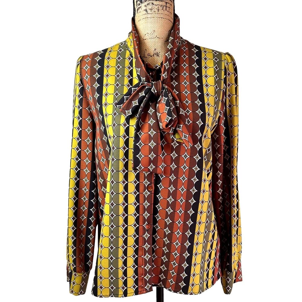Vicolo Brown Yellow Geometric Print Long Sleeve Bow Blouse Sz M